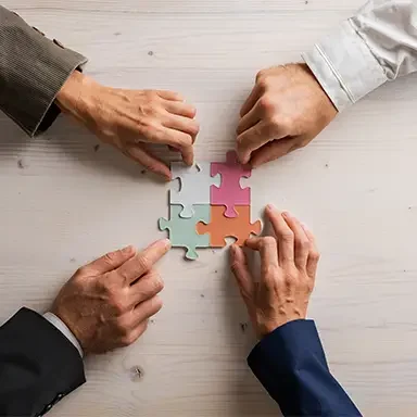 Hands of four businesspeople joining matching puzzle pieces of various pastel colors over a wooden background.