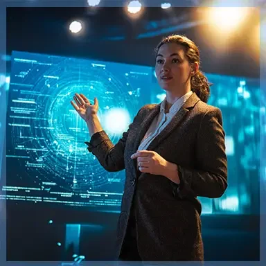 A woman is speaking on stage about the future and technologies.